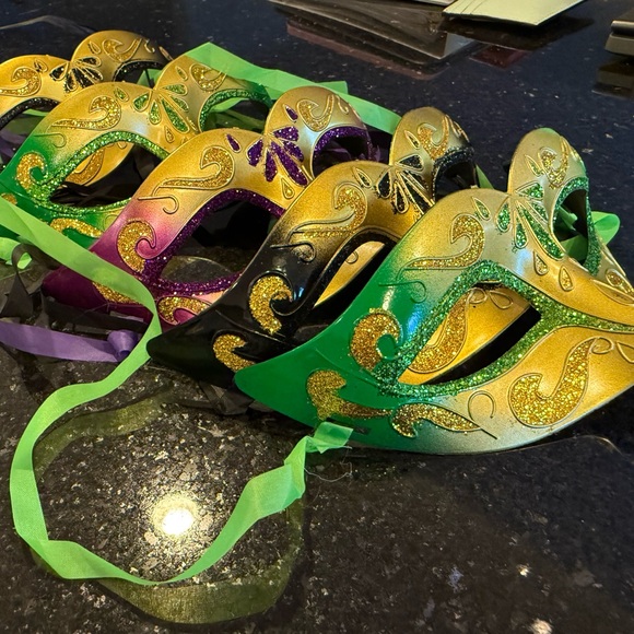 Festive Mardi Gras Masks - Gold with Green, Black and Purple Accents - Picture 4 of 4